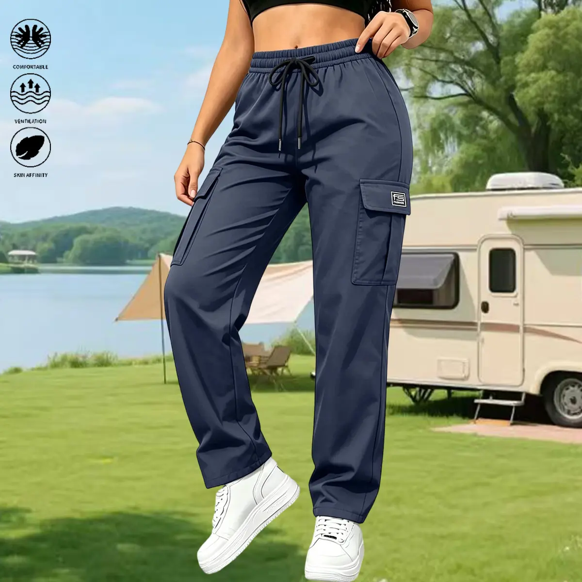 Women’s solid-color cargo pants featuring an elastic waistband with stretch and practical pockets with large capacity for convenient storage.Versatile women’s wear suitable for all seasons—ideal for everyday casual wear, outdoor outings, and workwear/unif