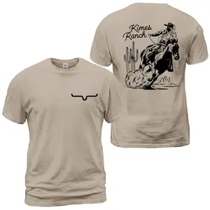 Kimes Ranch Rodeo Horse T-Shirt, Western Cowboy Riding Graphic Tee, Desert Cactus Back Print Shirt With Front Chest Horn Logo, Ranch Lifestyle Outfit, Soft Cotton Tee Gift For Men and Women
