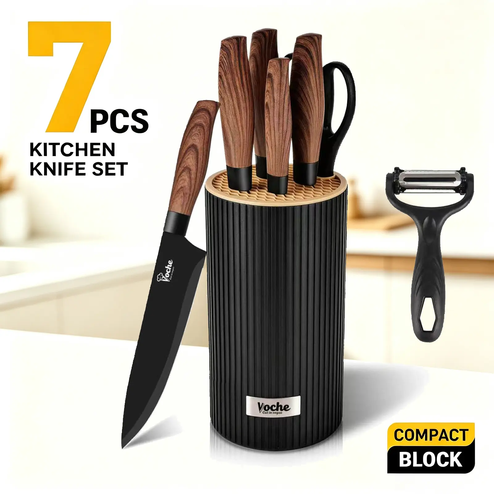 Voche 7 Pieces Kitchen Knife Set, Compact Drainable Knife Block Holder, Ergonomic Wood Grain Handle Sharp Stainless Steel Chef Knives with Kitchen Shears & Vegetable Peeler, Easy Clean Storage Cutlery Set for Home Cooking Dorm RV, Black