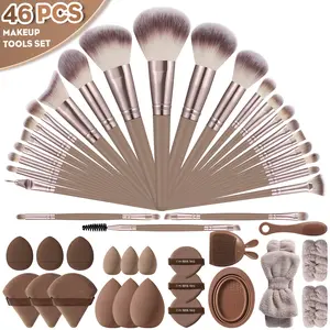 46pcs Face Makeup Tool Kit, 25 Makeup Brushes & Hair Tie & 2 Wrist Straps & 3 Large Makeup Sponge Puffs & 3 Air Cushion Puffs & 3 Mini Makeup Sponges & 3 Fan Shape Puffs & 3 Thumb Puffs & Rabbit Ear Facial Cleansing Brush & Nose Cleaner & Scrubbing Bowl