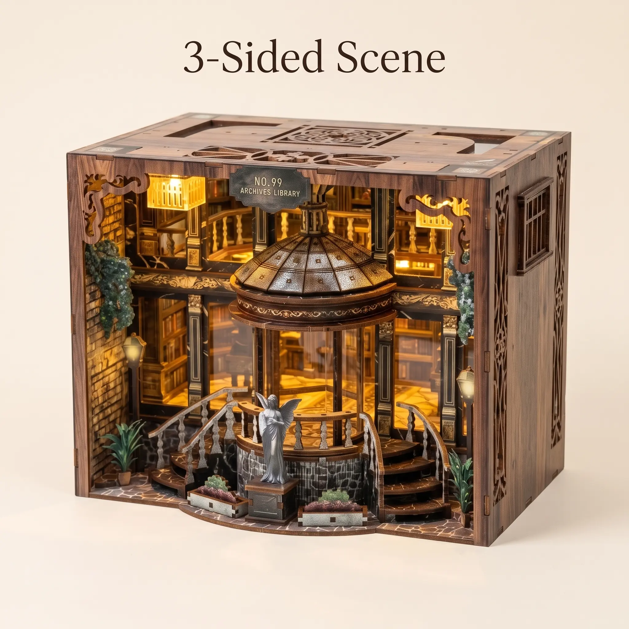 Book Nook Kit for Adults, DIY Miniature Library with LED Lights, 3-Sided Wooden 3D Puzzle Bookshelf Insert, Gift for Book Lovers