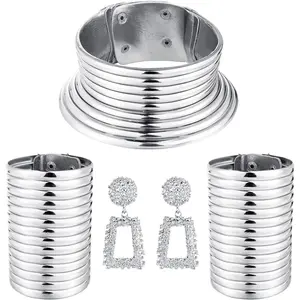 FINREZIO 4pcs African National Jewelry for Women African Egyptian Choker Collars Gold Chunky Statement Leather Necklace Bangle Bracelet Earring Jewelry Set Daily