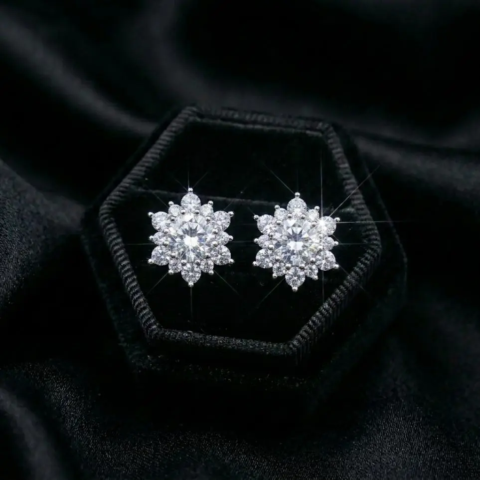 Artisanal Snowflake Stud Earrings - 9mm S925 Sterling Silver 1 Pair Unisex Daily Jewelry, Moissanite/Zircon Options, Soft Needles, Comfortable to Wear for Sensitive Ears, One Pair