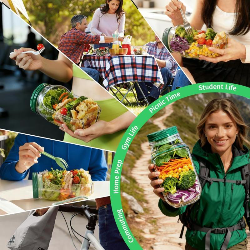 【2-pack】Salad Jar-(Mason Jar Style), Salad Jar with Side Opening for Lunch,FitnessPortable,Suitable for Home, Outdoor, Travel and Party, Work,FitnessPortable,Keeps Food Fresh ransparent Bowl