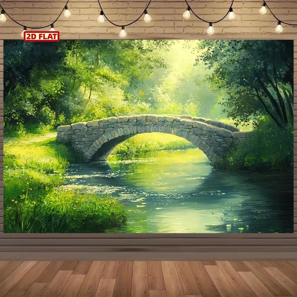 2D Flat Stone Bridge & Lush Greenery Backdrop, Wedding Party Backdrop - Arched Forest River Scene with Green Pond for Wedding, Birthday, Christmas Decorations - Easy Setup Landscape Banner for Parties