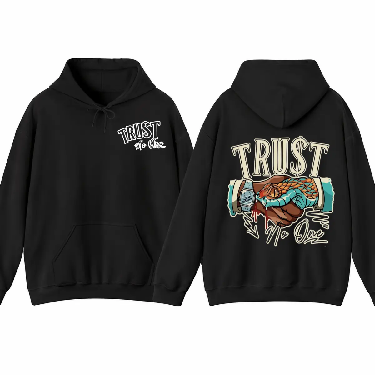 Trust No One Snake Graphic Hoodie, Streetwear Graphic Hoodie, Snake Handshake Illustration, Large Back Print Hoodie, Front Chest Logo Hoodie, Urban Casual Outfit, Gift For Men And Women, Vintage Street Style Hoodie