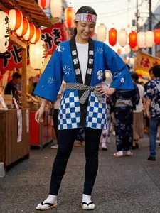 Japanese Festival Kimono Blue Chessboard Outerwear, Girl Cosplay Summer Temple Fair, Anime Convention Clothing