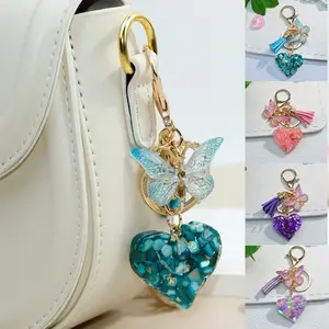 Fashion Heart Charms Keychain With Butterfly Tassel Shiny Sequin Filled Resin Keyring Women Bag Ornaments Car Trinket Gifts