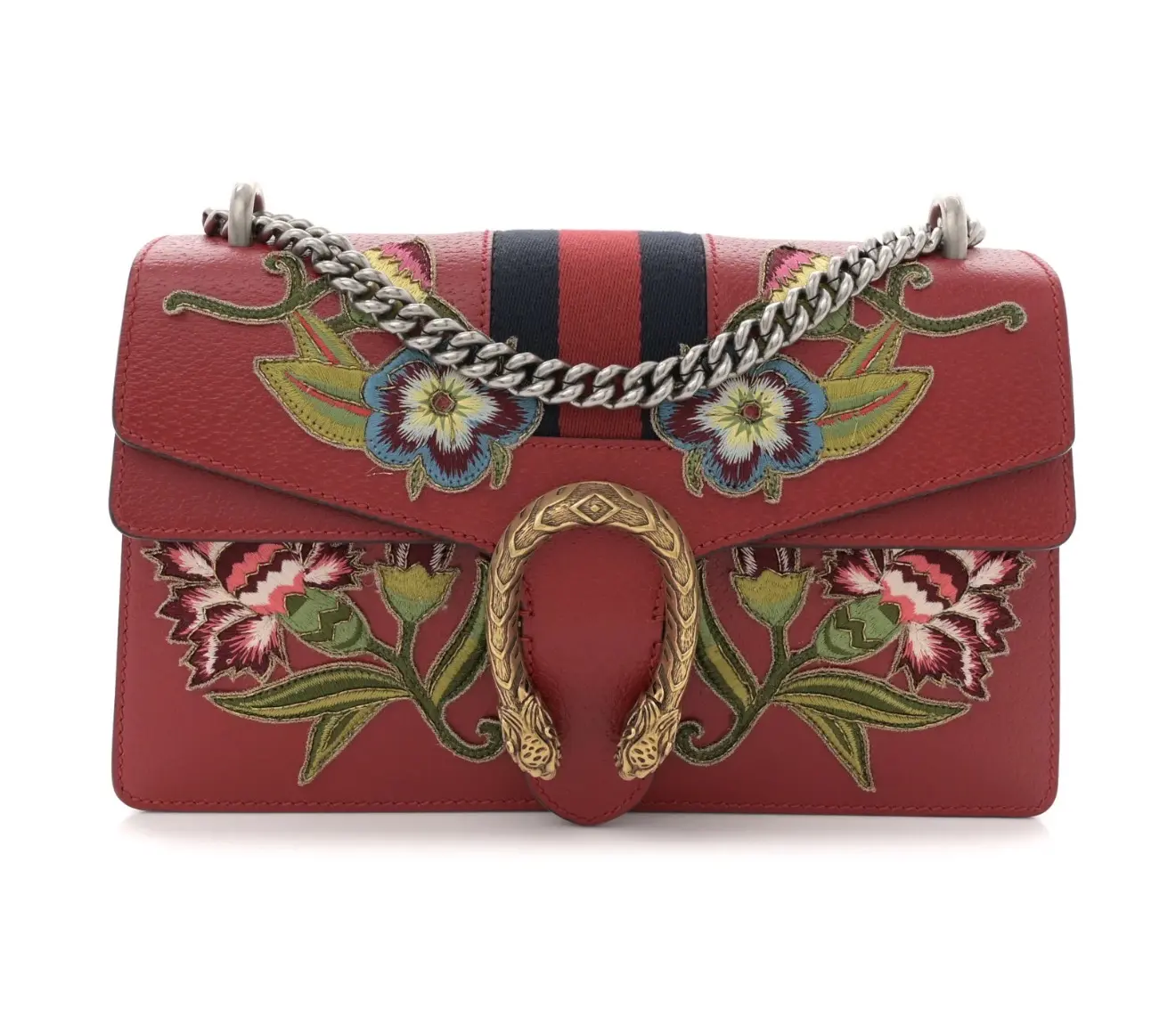 Pre-owned GUCCI Calfskin Shoulder Bags Web Floral Embroidered Small Dionysus Shoulder Bag Hibiscus Red