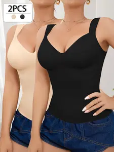 2PCS Women's Seamless Shapewear Top Waist Cinching Belly Control Slimming Vest, Essential Lazy Wear Body Shaping Shirt