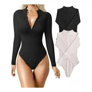 Tight-fitting Bodysuit Sexy Ribbed One-piece Front Zipper Long-sleeve Top Bodysuit