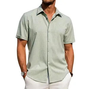 Men’s linen shirt for summer, button-down collar design, short-sleeve dress shirt, lightweight and breathable, comfortable and versatile, suitable for everyday and casual wear.