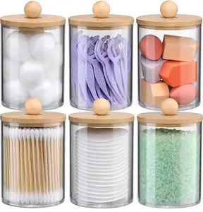 6-Pack Bamboo Qtip Holders - Bathroom Storage for Cotton Balls, Swabs, Pads, Floss