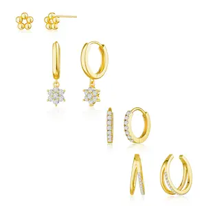 Chesky 4 Pairs Hoop Earrings Set for Women - Huggie Dangle Stack - Trendy Multiple Piercing Hypoallergenic Stud CZ Ear Cuff - Non Tarnish Jewelry