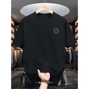 Men's Round Neck Cotton Basic Short-Sleeve T-Shirt, Smiley Face Print, Stylish Unique Design, Soft Fabric, Casual Streetwear for Relaxed Daily Wear - Sunny Vibe Menswear
