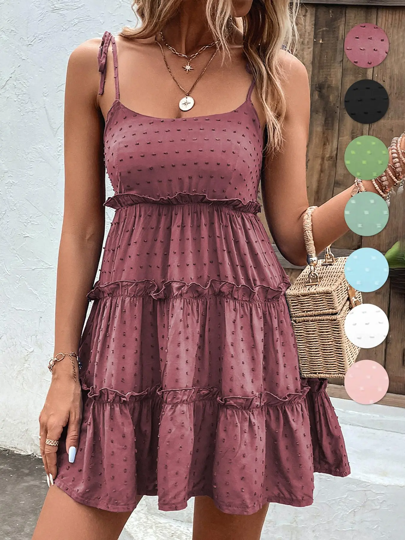 Women's Plain Swiss Dot Ruffle Hem Cami Capri Sun Dress, Bohemian Casual Tie Shoulder Frill Trim Short Vintage Dress, Ladies Summer Clothes for Beach