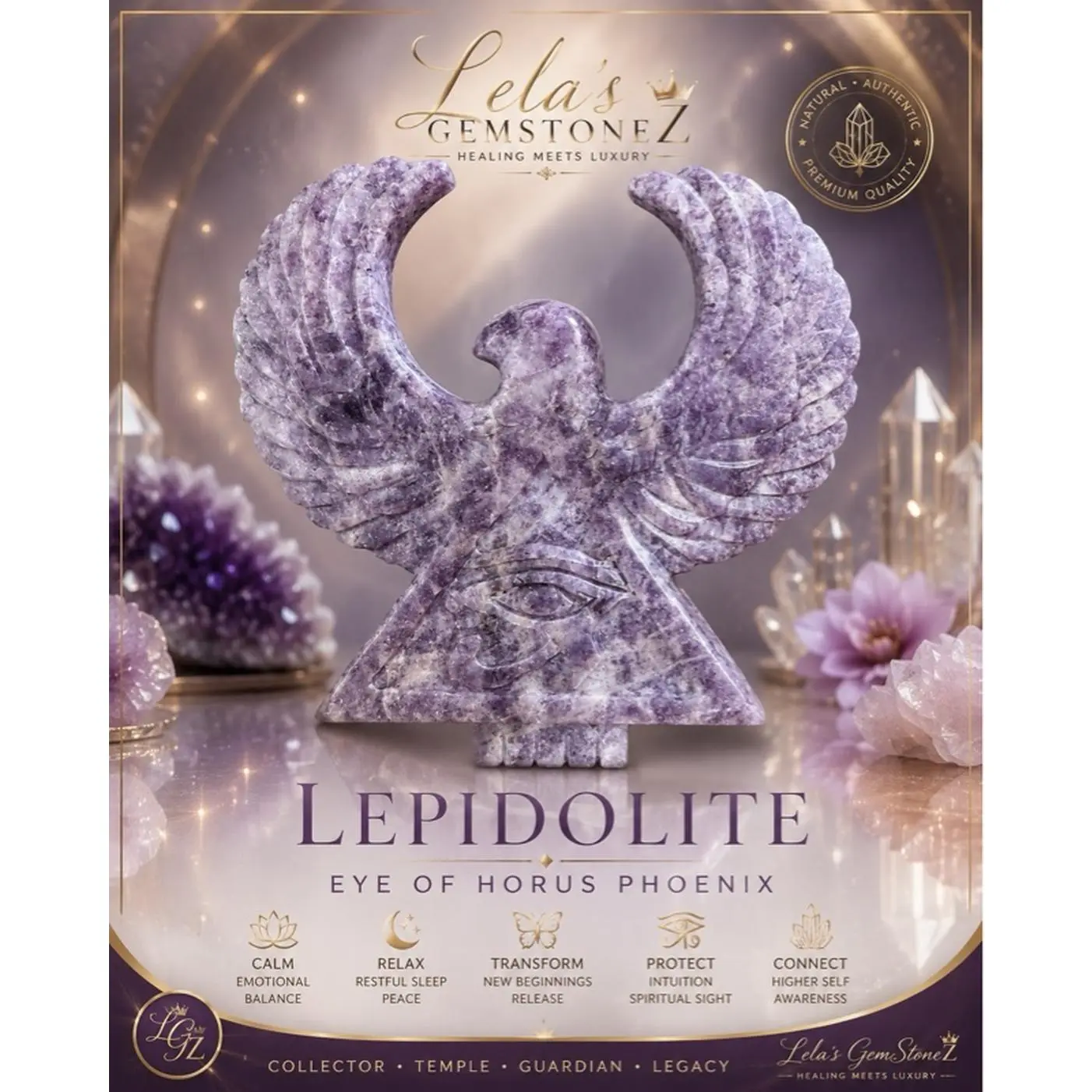 Lela's Gemstonez Guardian of Serenity Natural Lepidolite Eye of Horus Phoenix 4.7 inches Wide for Emotional Balance & Spiritual Protection Weight .70lbs