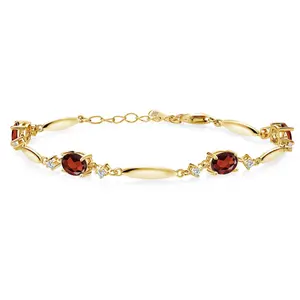 18K Yellow Gold Plated Silver Gemstone Birthstone and White Lab Grown Diamond Tennis Bracelet For Women | Oval 7X5MM and 2MM | 6 Inch + 1 Inch Extender | Fine Jewelry for Her Mom Wife