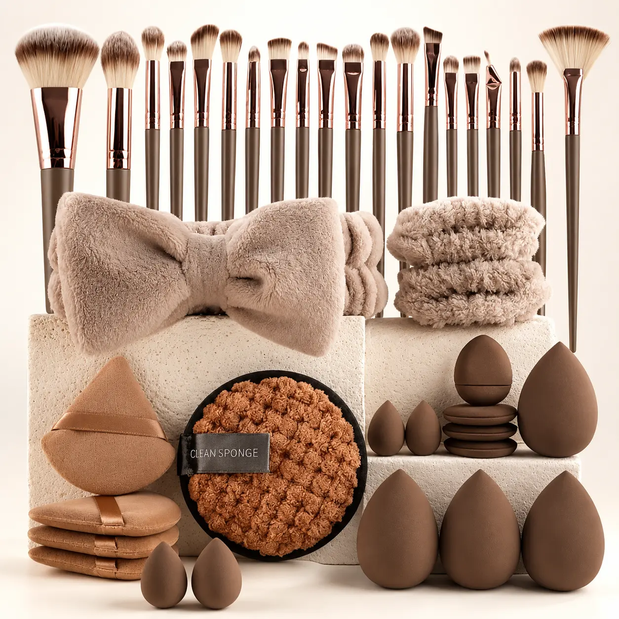 40PCS Brown Professional All-in-1 Beauty Tool Kit, Soft Synthetic Face & Eye Brushes with Sponge Puff, Headband & Cleaning Accessories for Daily Makeup Routine, Holiday Gifts for Women Girls