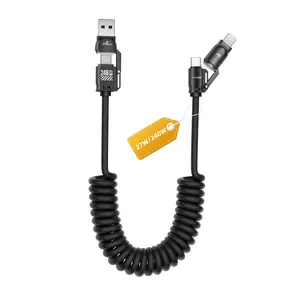 KEDESO Fire Arrow 4-in-1 Spring Data Cable 240W PD Fast Charging | 480Mbps Data Transfer Retractable Cord for iPhone, Type-C, USB-A Devices