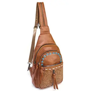 PU Leather brown sling bag flower pattern western women backpack
