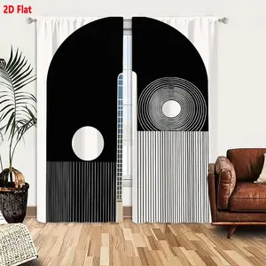 2D Flat Minimalist Black & White Geometric Curtain 2-Piece Set, Modern Abstract Arch & Grid Design, Light Background Window Curtains with White Stripes & Circles for Living Room Bedroom Decor