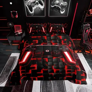 Gamer Bedding Sets,Geometric Gaming Comforter,Red and Black Checkered Gamepad Comforter Set for Men,Video Game Neon Lights Game Controller Bed Set