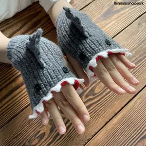 Cute Unisex Shark Half-Finger Winter Gloves – Handmade Funny Cartoon Knitted Gloves, Warm Soft Knit Material Ideal Holiday Present for Christmas, Halloween & Valentine's Day, Fun Winter Accessory