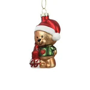 Blown Glass Teddy Bear with Presents Ornament