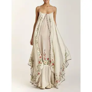 1pc Women's [ Floral Print ] Sleeveless Maxi Dress - Casual Polyester Spaghetti Strap Loose Fit Asymmetrical Hem Long Dress, Machine Washable All-Season Versatile for Beach, Picnic, Office & Party, Picnic Clothing, Lightweight Fas