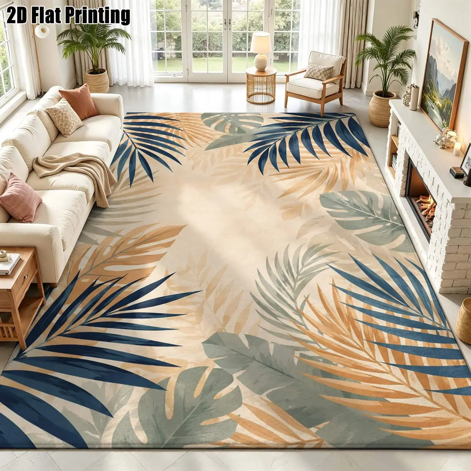 Large indoor area rug, soft velvet low pile with non-slip dotted backing, machine washable tropical palm Monstera leaf design in navy blue, sage green & tan, ideal for living room, bedroom, entryway, modern boho home decor