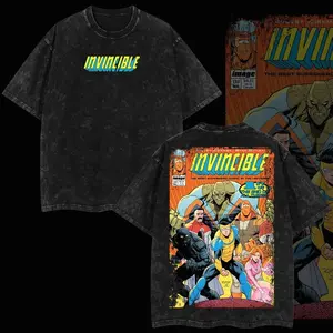 Superstyle Invincible #133B Ottley Image Youngblood Invincible War Comic Double Printed Oversize Lightweight Acid Washed Tee TV Series Graphic T-Shirt 48D