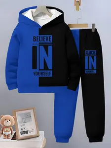 Boys' Trendy Hooded Sweatshirt Set, Believe in Yourself Letter Print, Soft and Durable, Casual Slim-Fit Long Sleeve, Spring & Fall