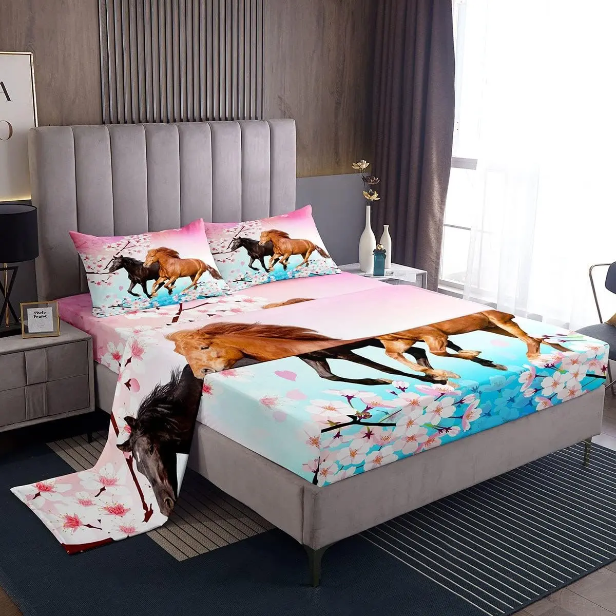 Feelyou Microfiber Bed Sheet Set - Pink Cherry Blossom & Galloping Horses Bedding, Soft Cozy Flat Sheet, Elegant Farmhouse 3D Wild Animal Bedroom Decor, Microfiber Bed Sheets
