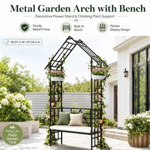 Metal Garden Arch with Bench Outdoor Rose Archway Pergola for Climbing Plants 58x97in Iron Flower Stand Seating Arch Seat for Backyard Patio Wedding Entrance Decoration Heavy Duty Vine Support Black