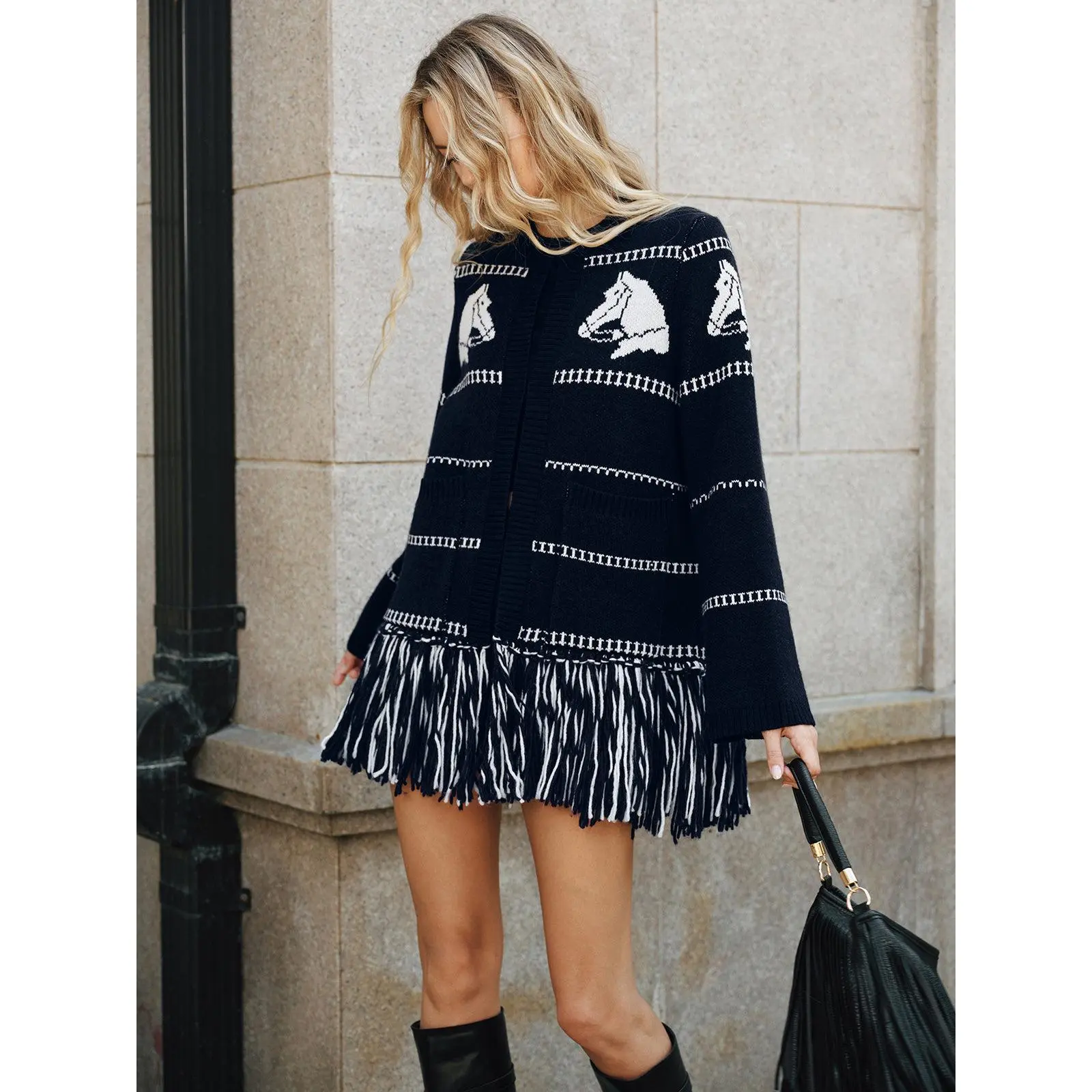 Women's Horse-Pattern Wool Blend Fringe Cardigan, Lady's Casual Knitwear Tops