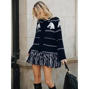 Horse-Pattern Wool Blend Fringe Cardigan