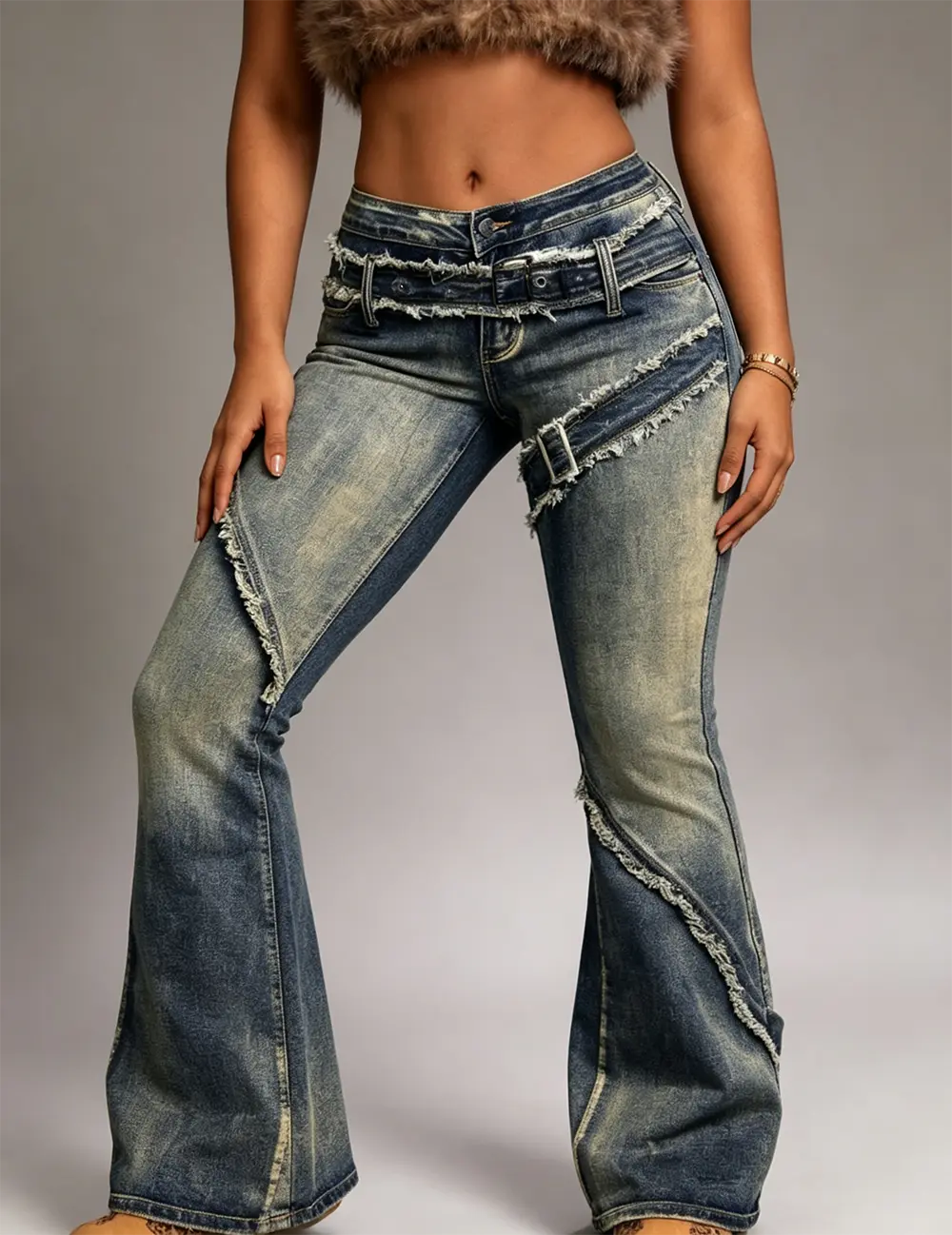 Jeans for Women, Women Retro Low Rise Bell Bottom Jeans Distressed Denim Frayed Raw Edge Stitching Buckle Flare Pants
