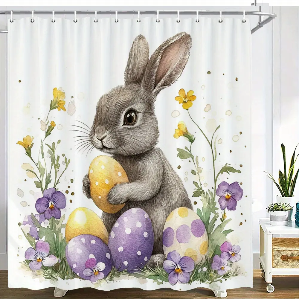 1pc Easter Bunny Shower Curtain Bath Curtain with Grey Rabbit Pastel Polka Dot Eggs Yellow Purple Flowers Spring Garden Watercolor Design Bathroom Curtains Home Decoration Curtain