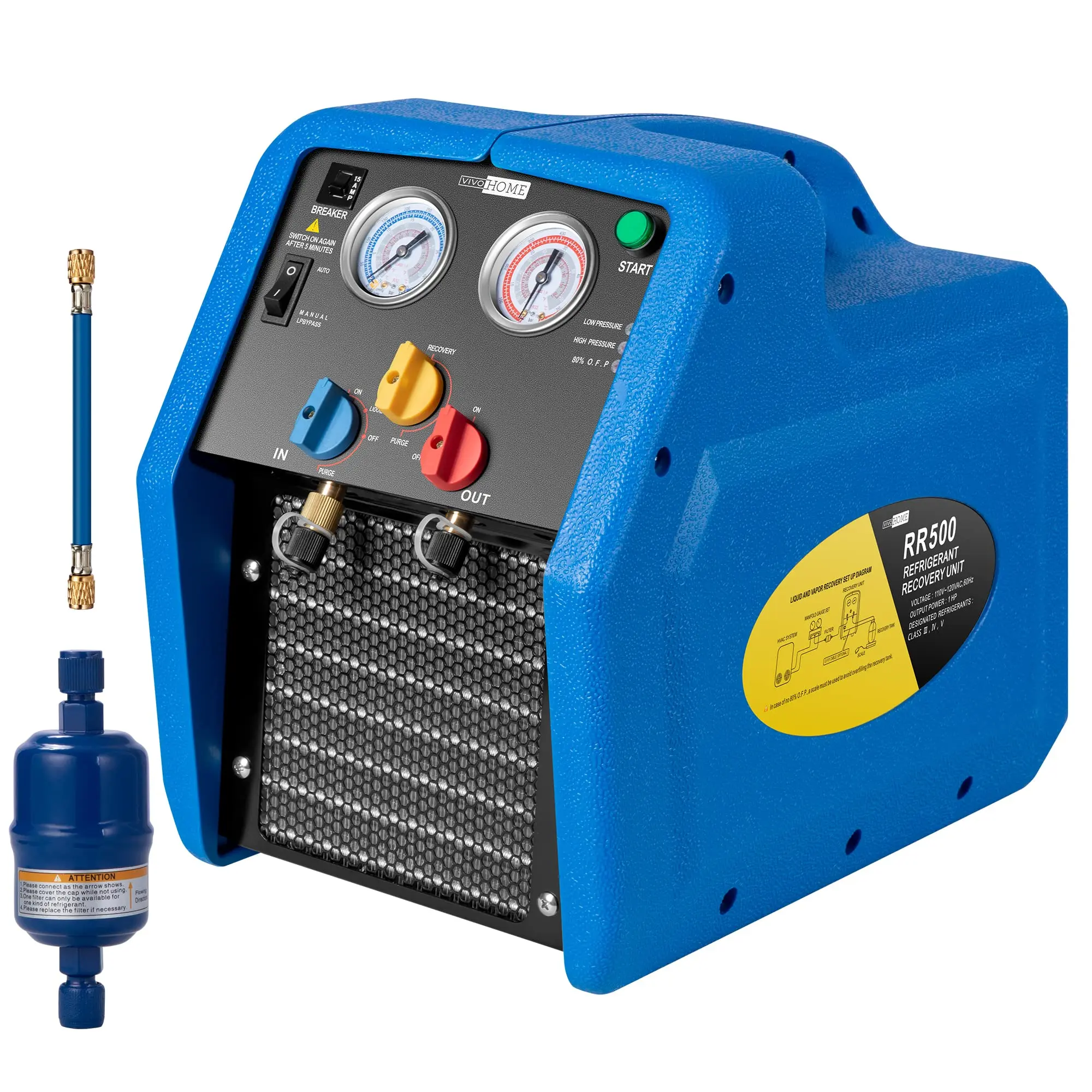 VIVOHOME 1 HP Dual Cylinder Portable Refrigerant Recovery Machine R32 R1234yf R454B, Oil-Less Freon Recycling Unit for Vapor Liquid Refrigerant Car Air Conditioning