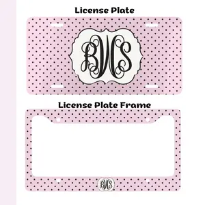 Pink Polka Dot Monogram License Plate and Plate Frame Personalized Car Tag Cute Girly Car Accessories Preppy Aesthetic Gift for Women