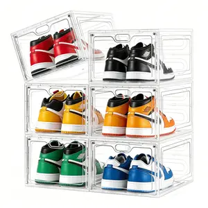 6 Pack Clear Shoe Storage Organizer Box, Stackable Plastic Shoe Cabinet Box Set with Magnetic Door, Shoe Rack for Sneaker Storage,Shoe Containers Fit up to US Size 12