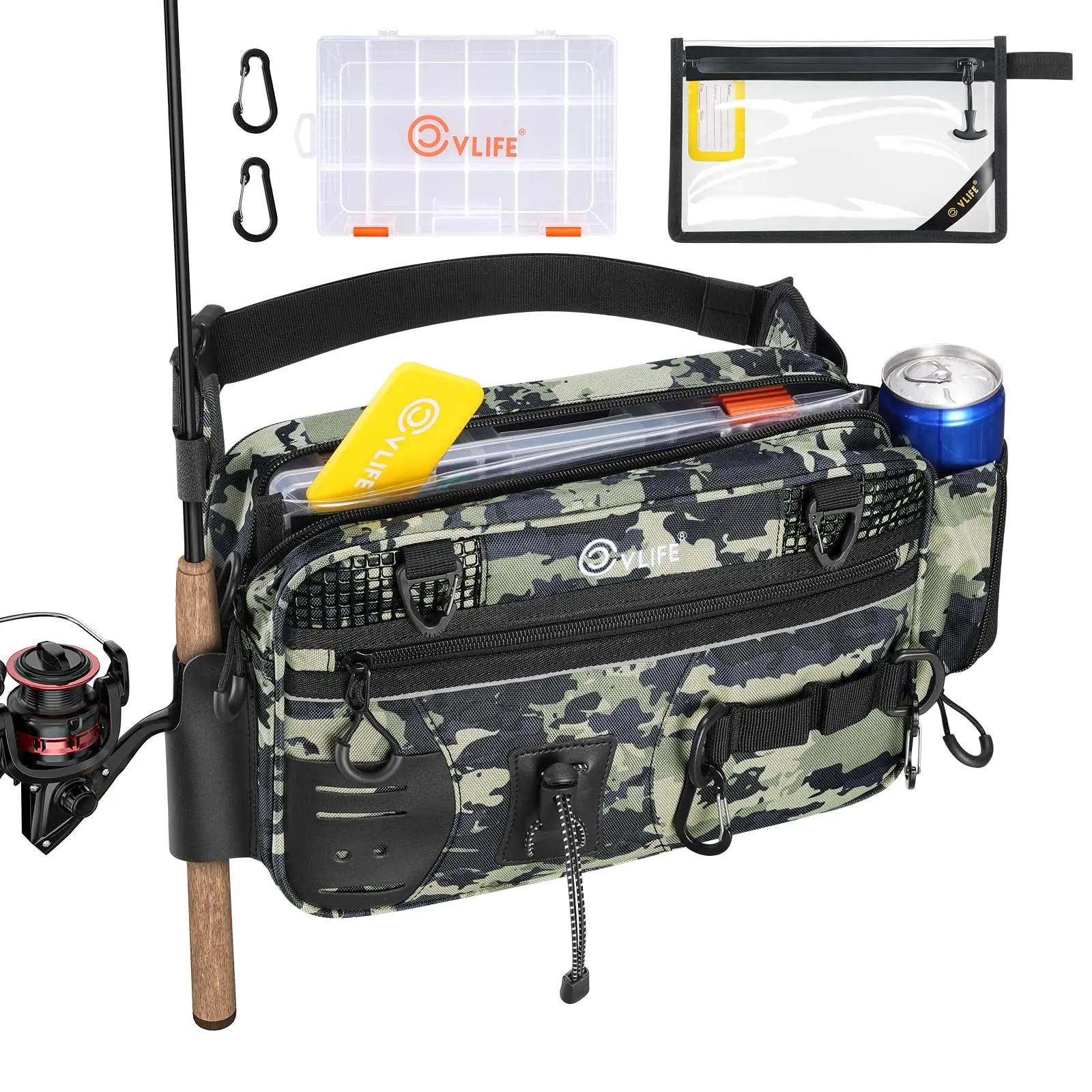 CVLIFE Water-Resistant Fishing Waist Pack – Rod Holder Tackle Storage Bags, Fishing Gear Accessories with 3600 Tackle Box, Waterproof Pouch, Carabiners, Net Holster, Convertible Sling Bag for Gear Storage, Saltwater Spinning Tackle Storage Bags