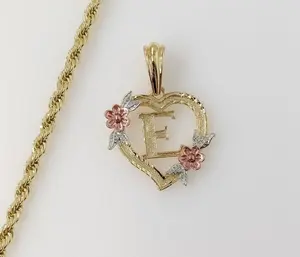 Plated Tri-Color Heart Letter "E" 4mm Rope/Braided Chain Necklace