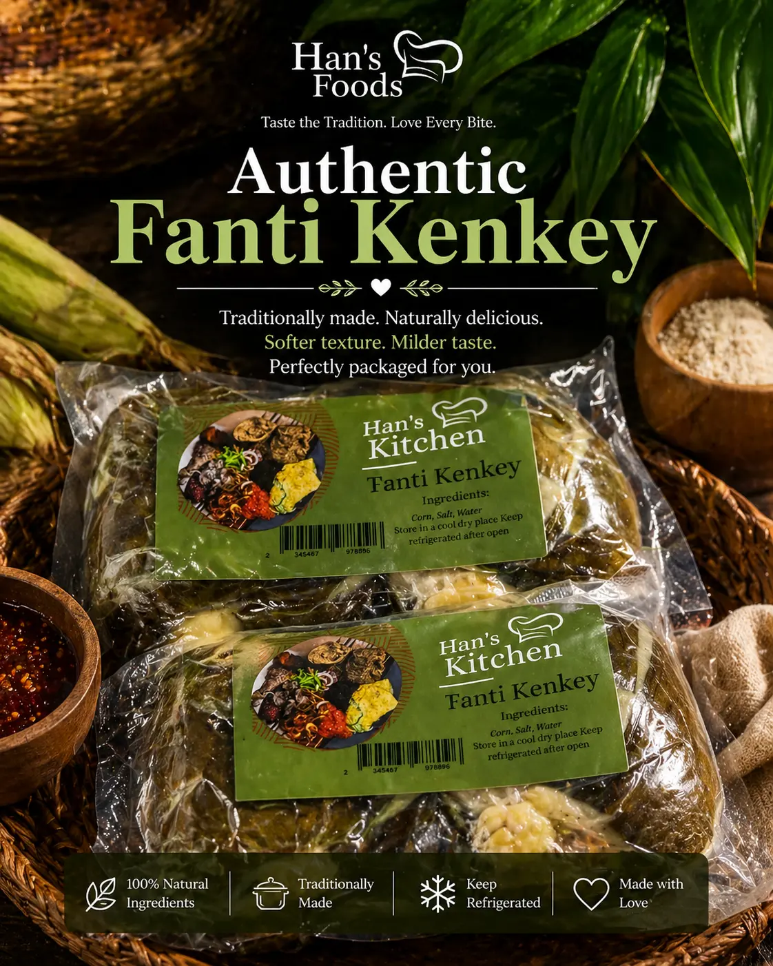 4 Traditional Fermented Corn Ghana Kenkey (Fante Style) - Authentic Taste and Texture, 4-Piece Original Kaneshie Market Packaged Pantry Food, Contains Corn Traditional Dish
