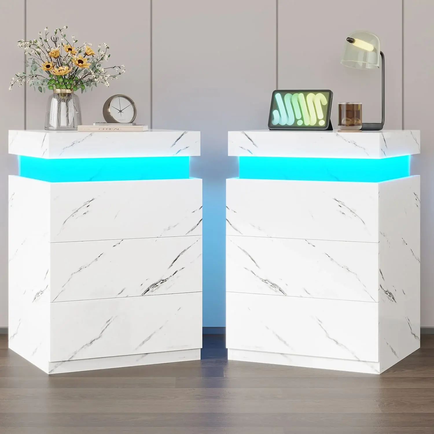 2PCS Nightstand with LED Lights Charging Station White Marble
