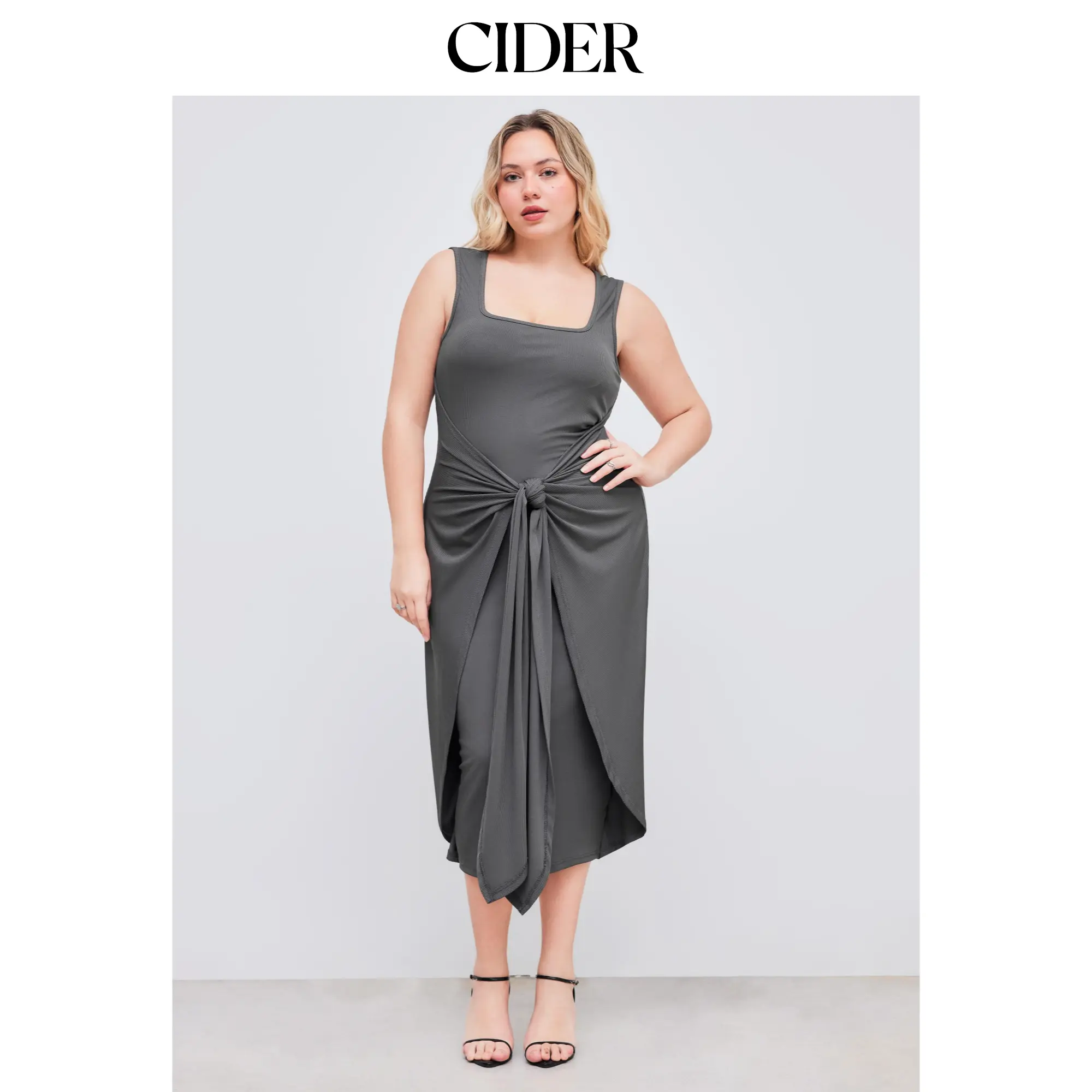 Cider Women's Minimalist Solid Maxi Dress - Casual Square Neck with Twist Knot Detail for Curve & Plus Sizes
