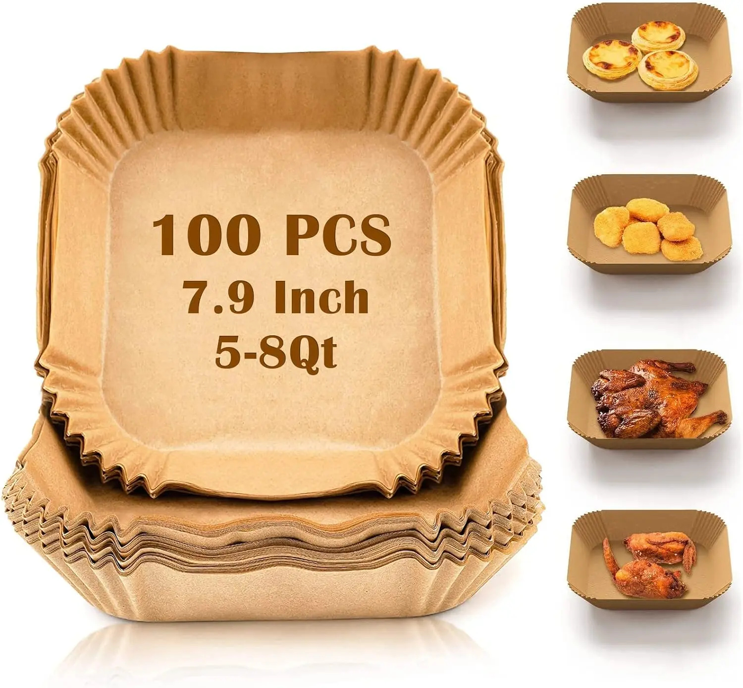 100PCS Air Fryer Paper Liners, unbleached and biodegradable material, disposable non-stick parchment paper for frying, baking, roasting and grilling.