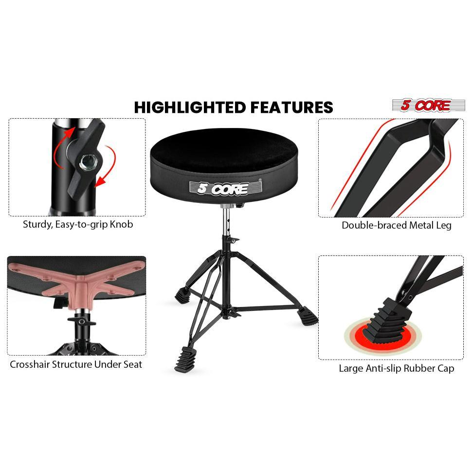 5Core Drum Throne Padded Guitar Stool Adjustable Drummer Seat for Adults & Kids VELVET BLACK