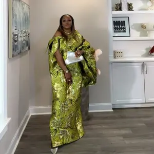 Alaoma Monostrap Mikado Boubou Kaftan Green Brocade Maxi Dress with Off-Shoulder Design Elegant Floral Pattern for Weddings & Special Occasions
